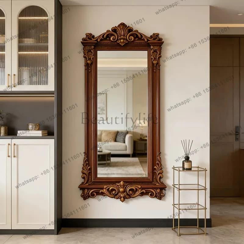 American retro style carved full-length mirror wall hanging new Chinese living room full-length mirror