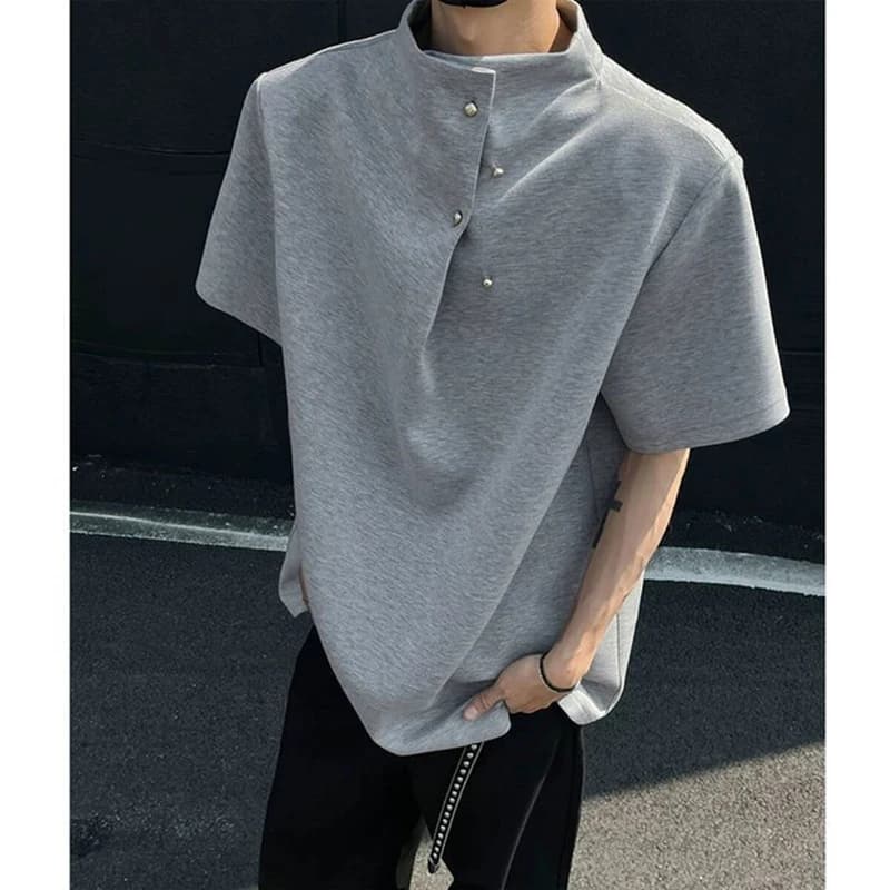 Men Niche Designer Short Sleeve Tee 2026 New Heavy Fabric Half High Collar Irregular Oblique Buttons Loose Solid Street T Shirt