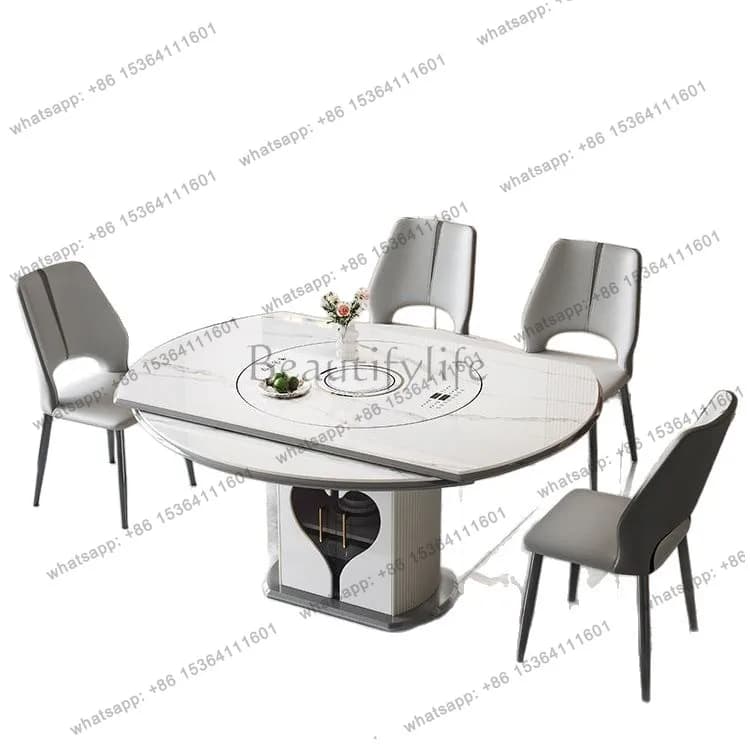Light luxury slate square and round dining table for small household apartments with built-in induction cooker