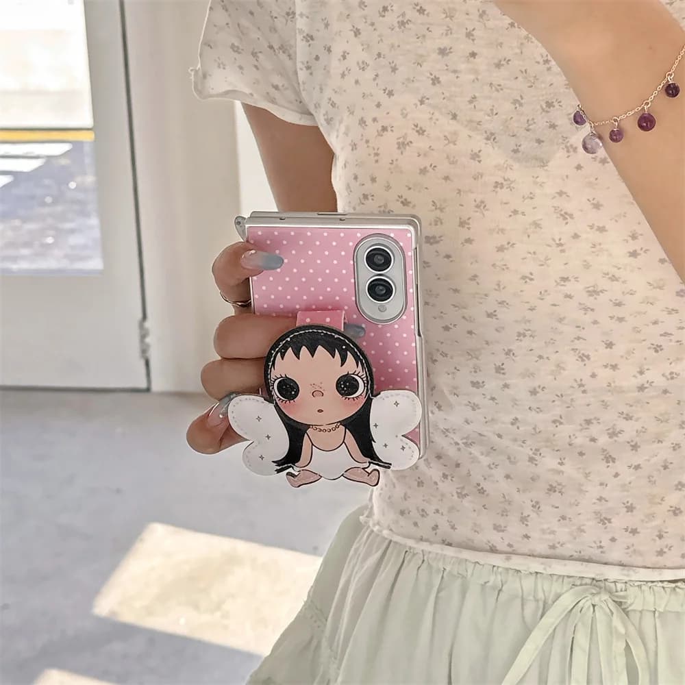 Pink Polka Dot Cute Angel Girl Cartoon Phone Case For Samsung Galaxy Z Fold 8 Ultra Z Fold 7 6 5 4 Shockproof Cover For Girls