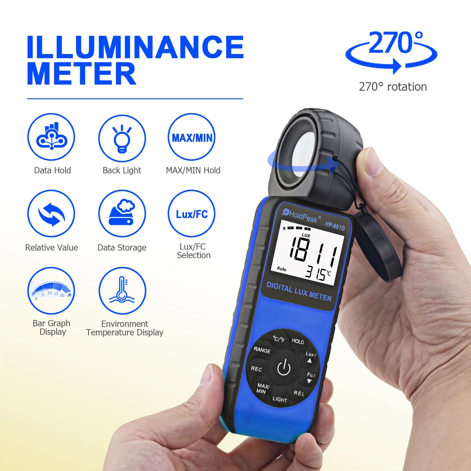 Portable Light Meter for Light Intensity , Digital Lux Meter,  ±4% Accuracy, 1 - 400,000Lux Measurement, Auto Zero,HoldPeak 881D