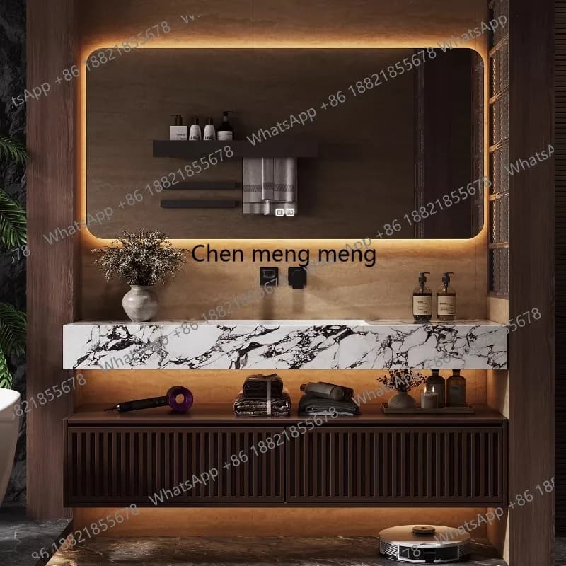 Light luxury double-layer rock slab seamless hot bending integrated basin bathroom cabinet hand wash face washbasin