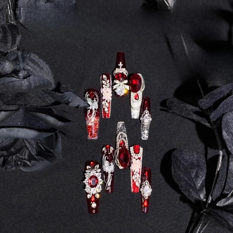Handmade wear New Year's white manicure wedding flow hemp burgundy engraving ice through