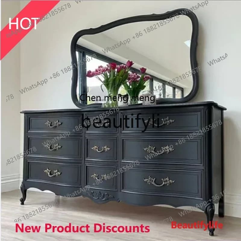 A32 American rural all-solid wood nine-chest cabinet log carved retro chest French bedroom high dressing cabinet