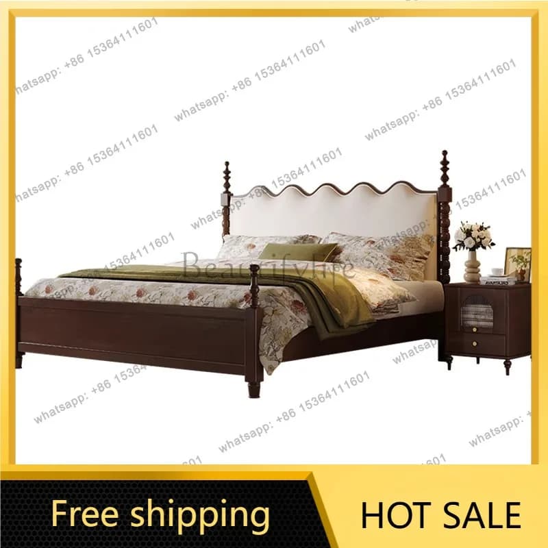 Factory Direct Sales Solid Wood Bed Medium Antique Black French Retro Wind Storage Soft Bag Bed
