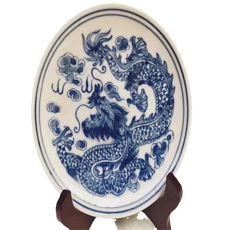 Vintage Chinese Porcelain Plate Blue White Dragon Pattern Traditional Decorative Dish for Asian Home Decor