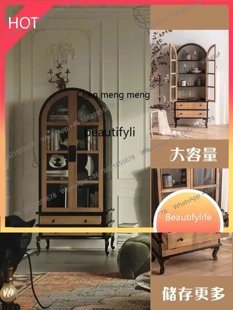 32 Wine Cabinet Solid Wood Sideboard Living Room French Retro Arched Bookcase Glass Floor Storage CabinetA