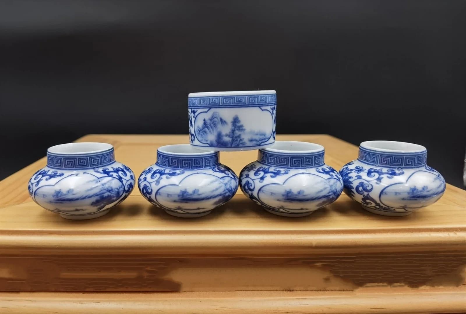 1set 5pcs Asian Bamboo Bird Cage Blue And White  Porcelain Ceramics Cups