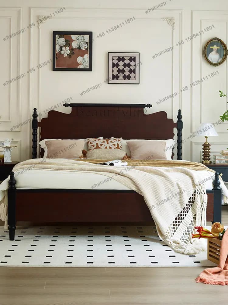 French retro American double master bedroom bed full solid wood red oak furniture