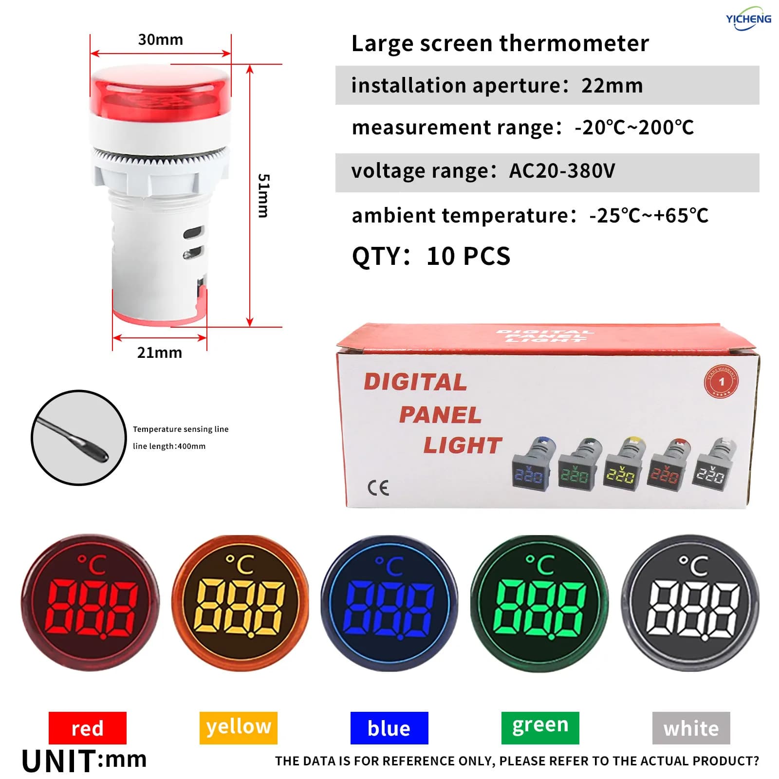 10Pcs LED Digital Thermometer Meter -20-200 Degrees, Signal Lights Thermometer Meter Indicator Tester 22MM