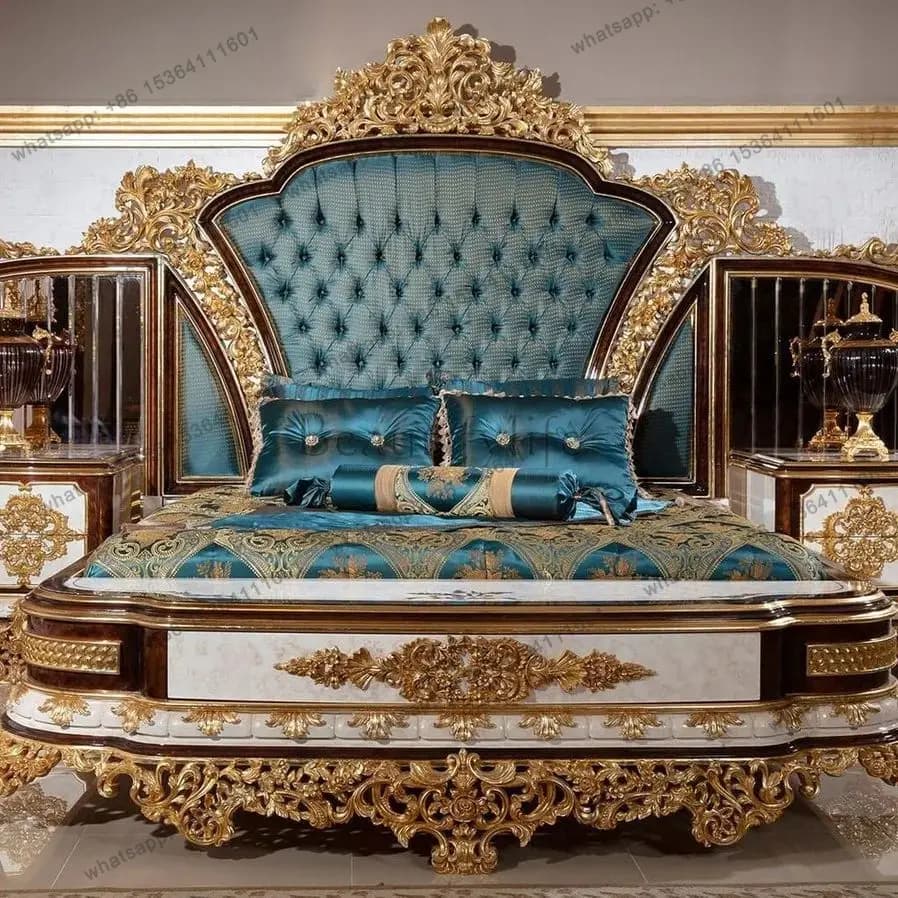 Turkish Luxury king Size Double Tufted Bedroom Sets Bed Furniture Royal Carved Solid Wooden Headboard Frame Velvet Fabric Bed