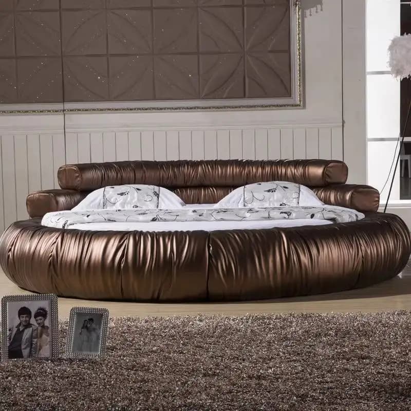 Brown White Double Bed Decoration Adults Elegant Wooden Circle Double Bed Frame Modern Luxury Cama Casal Furniture For Home