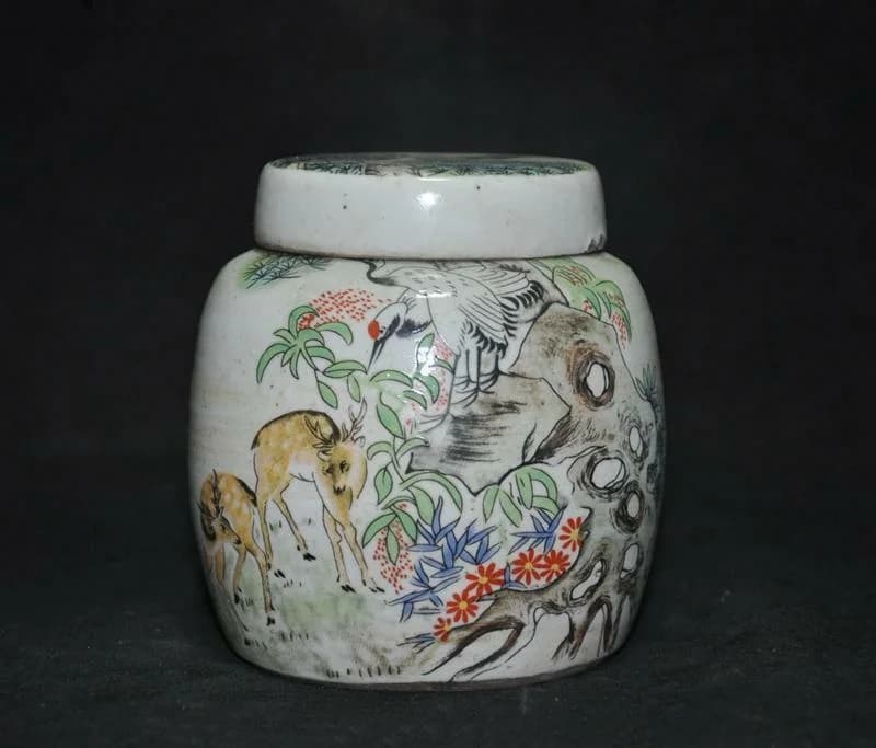 Chinese Creative Colorful porcelain Crane deer pine text statue Tea caddy pot decoration crafts