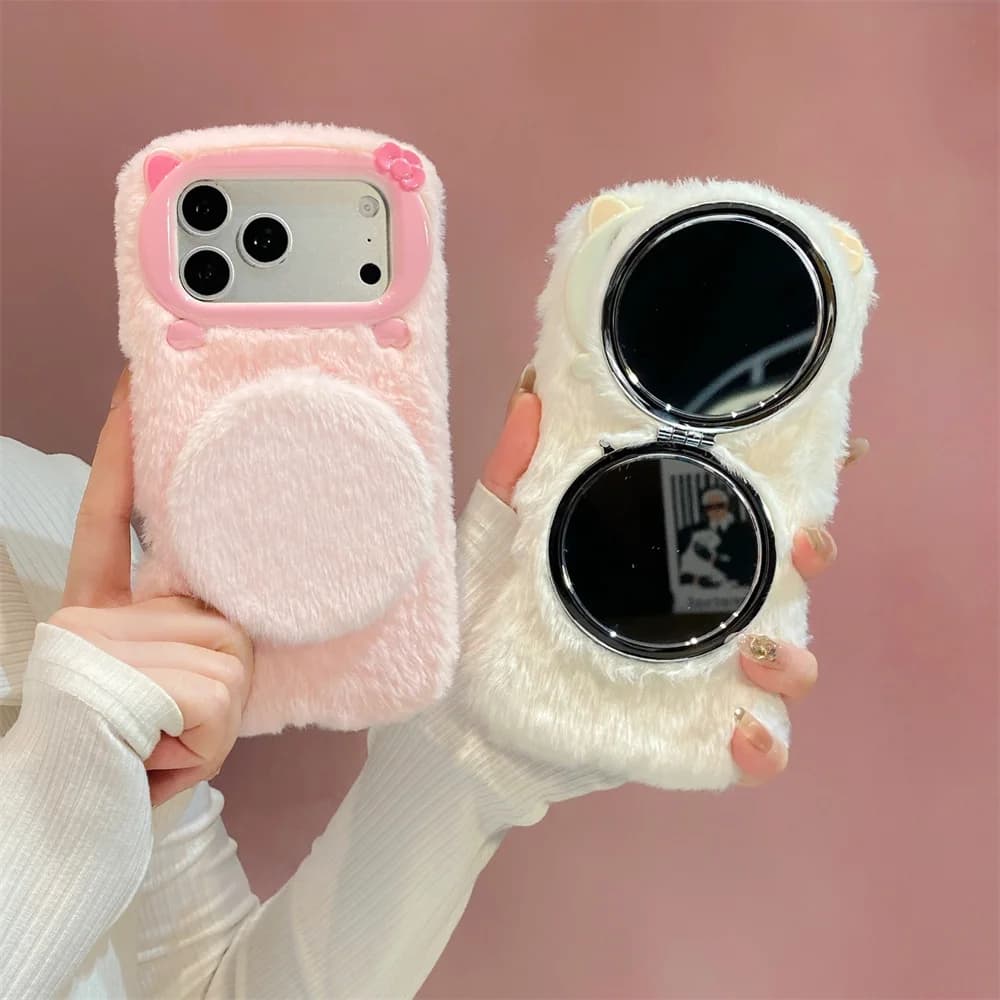 Pastel Cream Fluffy Plush Foldable Makeup Mirror Phone Case for 17 Pro Max Wrist Strap Cat Ear Lens Cover for iPhone 16 15 14
