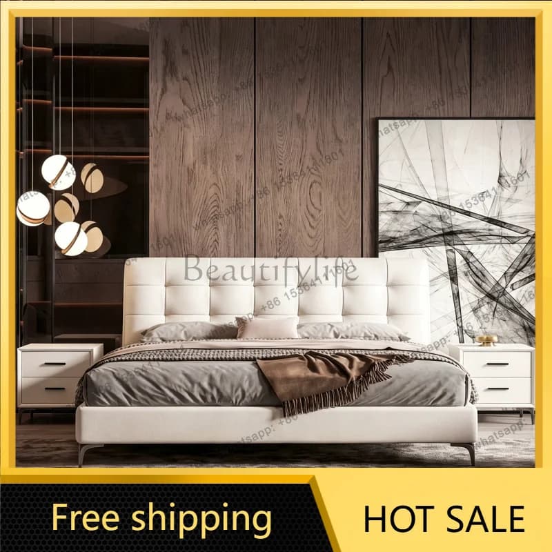 FG Italian style Genuine leather bed Modern Simple Double master bedroom wedding bed High end atmospheric minimalist soft bed
