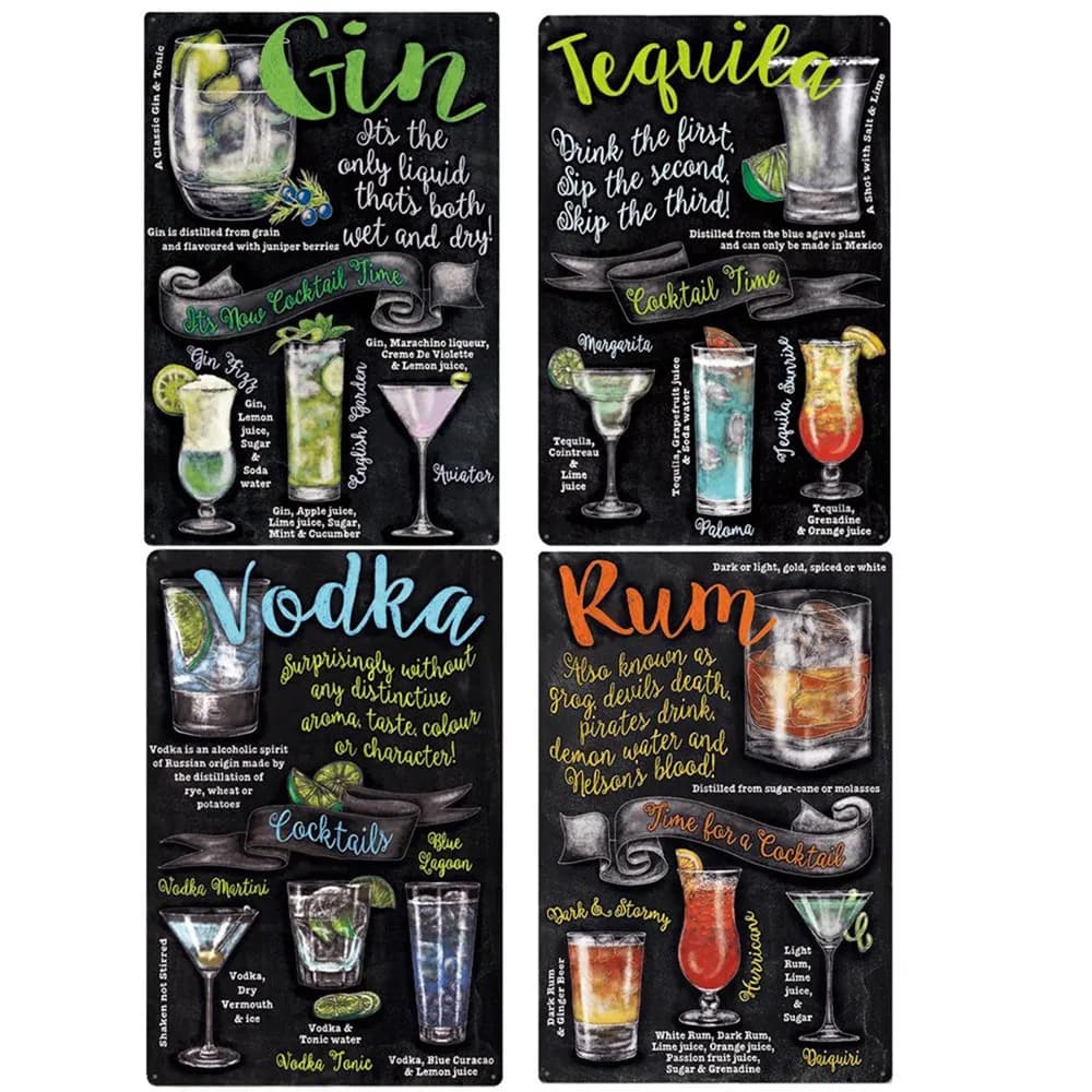 4PCS Cocktail Time Vintage Metal Sign, Gin Tequila Tin Sign, Rum Recipe Poster, Vodka Tonic Plaque, Bar Home Decor 30X20CM