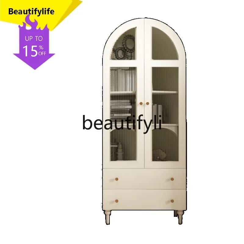 6239 American Style Solid Wood Bookcase Floor-standing Changhong with Glass Door Wine Cabinet retro Arched Decorative Cabinet