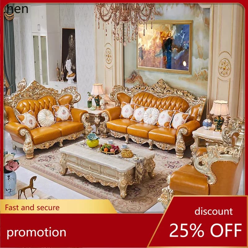 HT Champagne Gold Genuine Leather Sofa Set Villa High-End Carved Furniture Set Leather Art Sofa