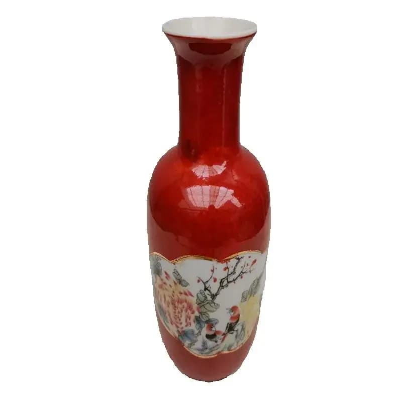 Vintage Chinese Old Porcelain Vase ,with red background Flowers and birds Chart  Decorative Pottery Artwork Collectible