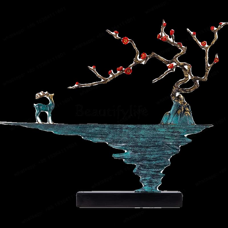 New Chinese copper deer ornament living room opposite door entrance large light luxury
