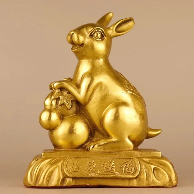 Copper and Jade Rabbit Ornament for Good Fortune, Brass Rabbit, Zodiac Rabbit, Fortune Rabbit, Decorative Rabbit for Living Room