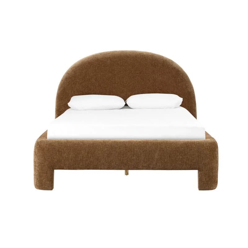 # Dark Orange King Size Upholstered Platform Bed With Round Headboard Wooden Queen Beds Modern Design Bedroom Furniture