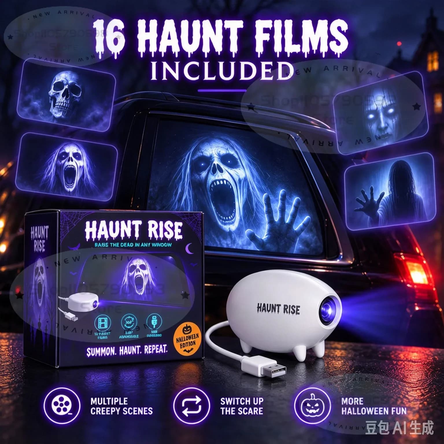 Halloween Horror Window Projector, Haunt Rise Mini USB Portable Projector 360° Adjustable, Spooky Ghost Movie Projection Lamp