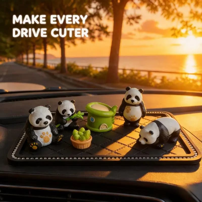 Cute Panda Family Car Dashboard Decor Set Resin Miniature Figures Bamboo House & Shoots Decorative Car Accessories