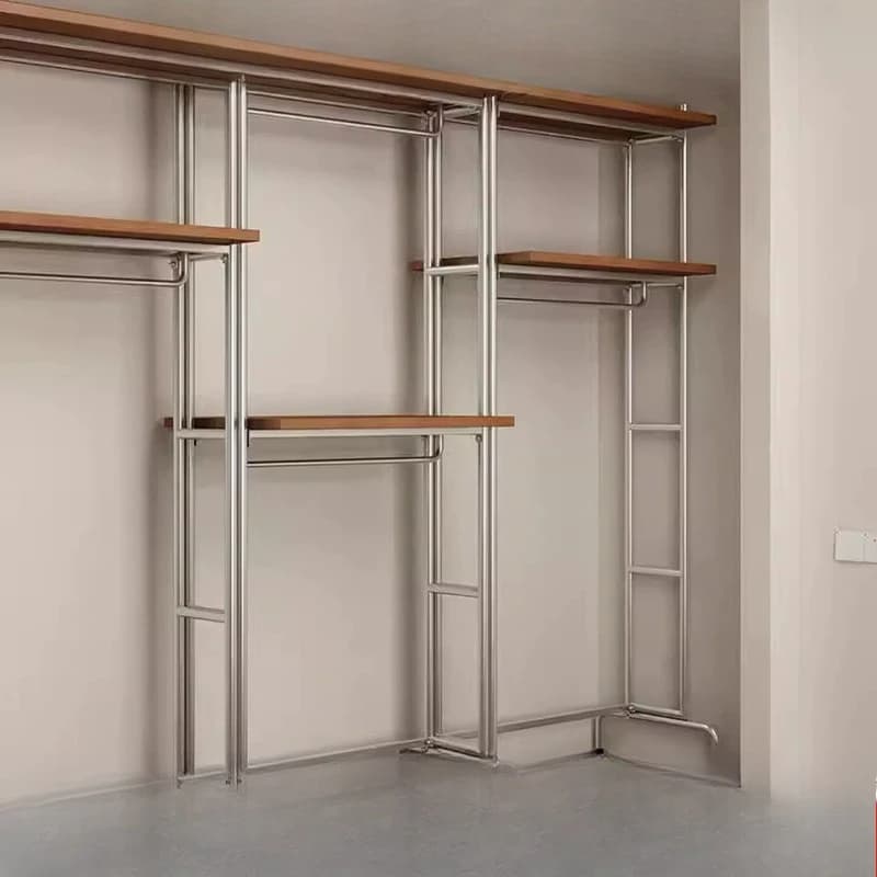 Open wardrobe rack Cloakroom Solid wood metal full hanging walk-in wall wardrobe Steel frame Wrought iron coat rack