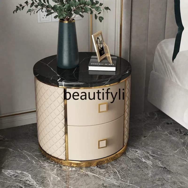 FG26Light luxury round bedside table Modern simple solid wood marble bedside table Italian storage cabinet