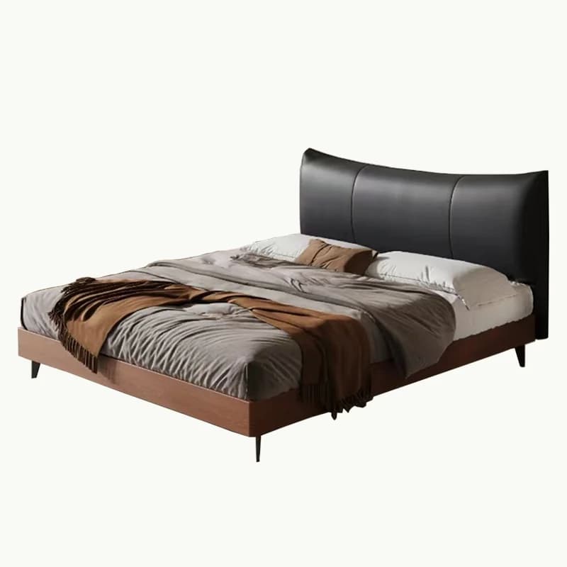 #Curved Wing Leather Storage Bed Frame, Walnut Wood Low Platform, LED Underbed Light, Lift-Up Base and Drawer, Custom OEM