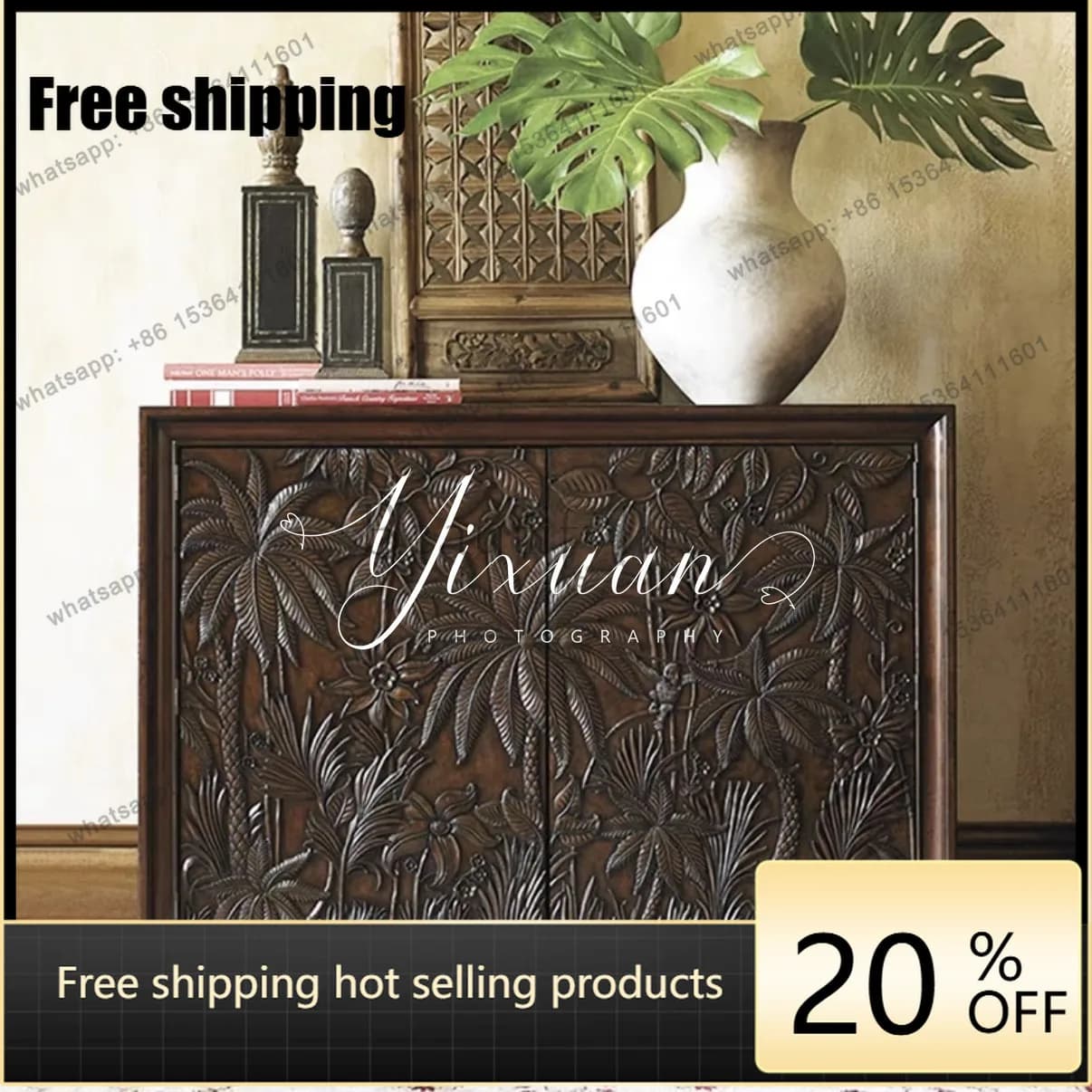 American solid wood handmade relief sea view wind door panel side cabinet
