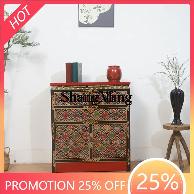 SM Chinese-style painted entrance cabinet, living room floor cabinet, antique and old storage decorative cabinet