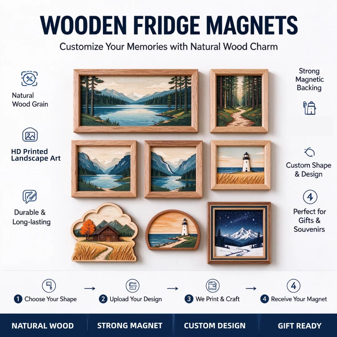 Custom Eco-Friendly Handmade Retro Style Wooden Photo Frame Decorative Wooden Fridge Magnet With Laser-Cut Design Fun Patterns