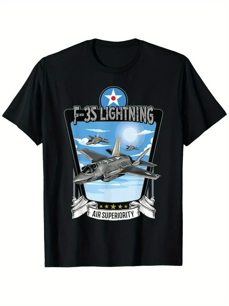 F-35 Lightning II Fighter Jet - Patriotic American Flag & Stars Design pattern-100% cotton  short sleeve  printed men's T-shirt.
