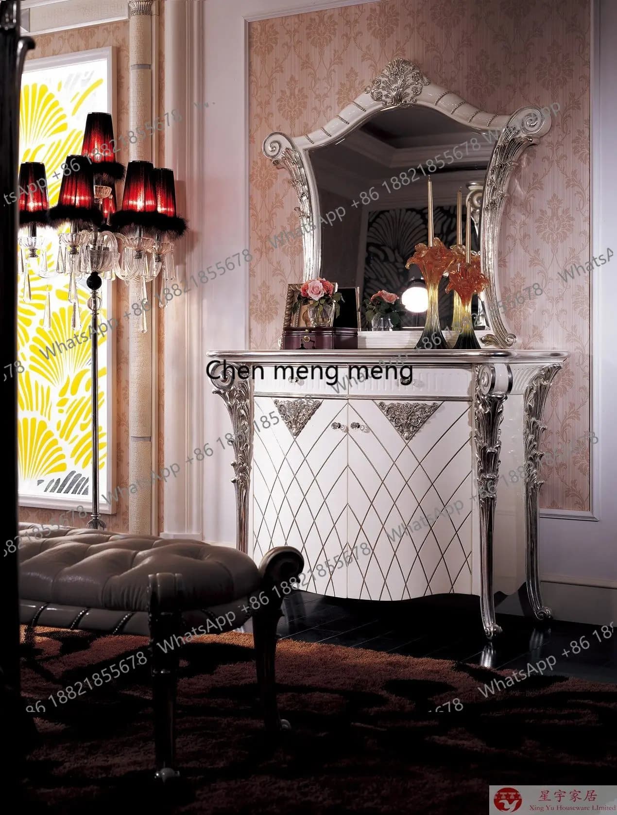 Customized European-style entrance cabinet All solid wood white carved decorative table Bedroom living room TV cabinet