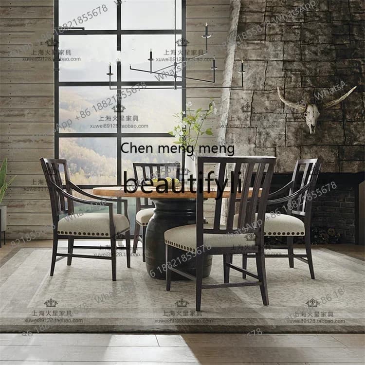 American rural retro solid wood simple round dining table and chair combination French small apartment restaurant home2936