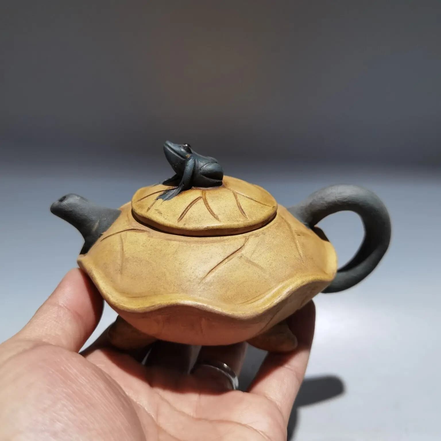 5.9" China Yixing Zisha Pottery Duan Clay 160CC Hand Made Lotus Leaf Frog Teapot