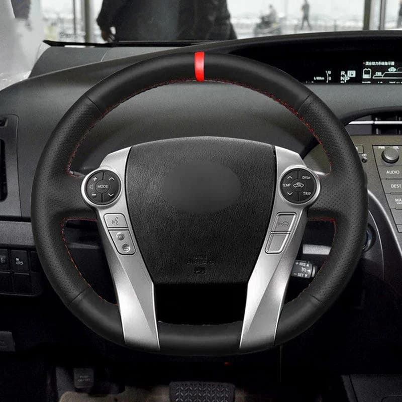 For Toyota Prius 30 XW30 2009 2010 2011 - 2015 Prius C US 2012-2017 Car Steering Wheel Cover Trim Black Leather with red strip