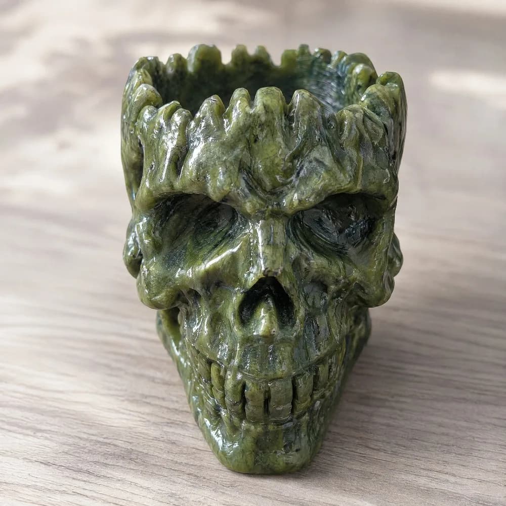 1pc Rare Xiuyan Jasper Skull Container Carving, Mineral Speciman, Large Green Crystal Skull Decorative