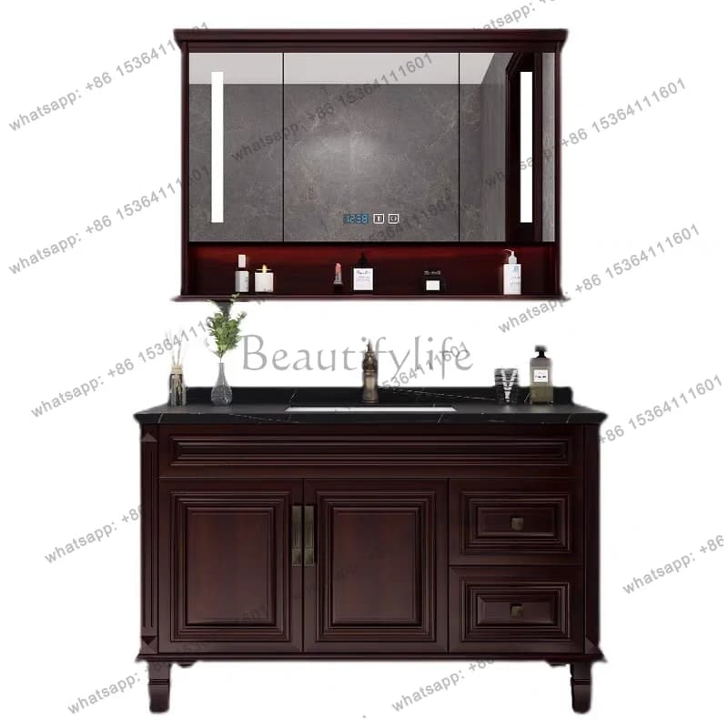 New Chinese-style solid wood bathroom cabinet, intelligent washstand, integrated ceramic basin, toilet