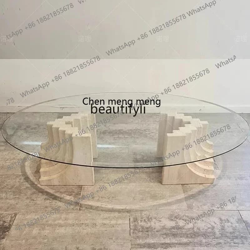 cqyNordic natural travertine coffee table oval creative tempered glass modern simple living room small apartment home