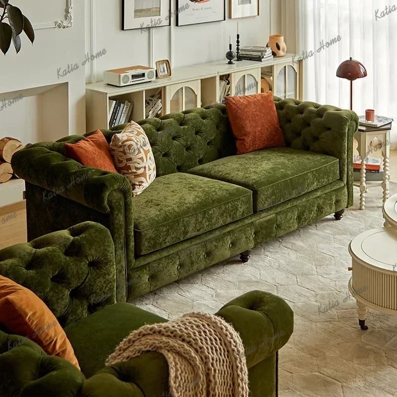 FG Elegant European Velvet Sofa Fabric Lounge Green Apartment Modern Lazy Couch Luxury Italian Sitting Divano Living Room Furnit