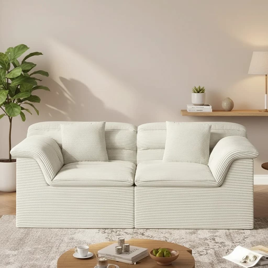 #Cream Jumbo Corduroy Modular 2 Seater Loveseat Oversized Curved Arm Lounge Couch with Throw Pillows for Living Room