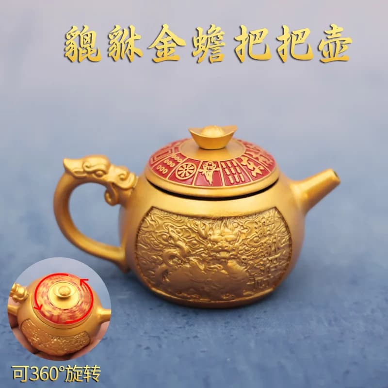 New Relief Gold Toad Pixiu Handle Rotating Small Teapot Mahjong Handheld Ornament Craft Decoration