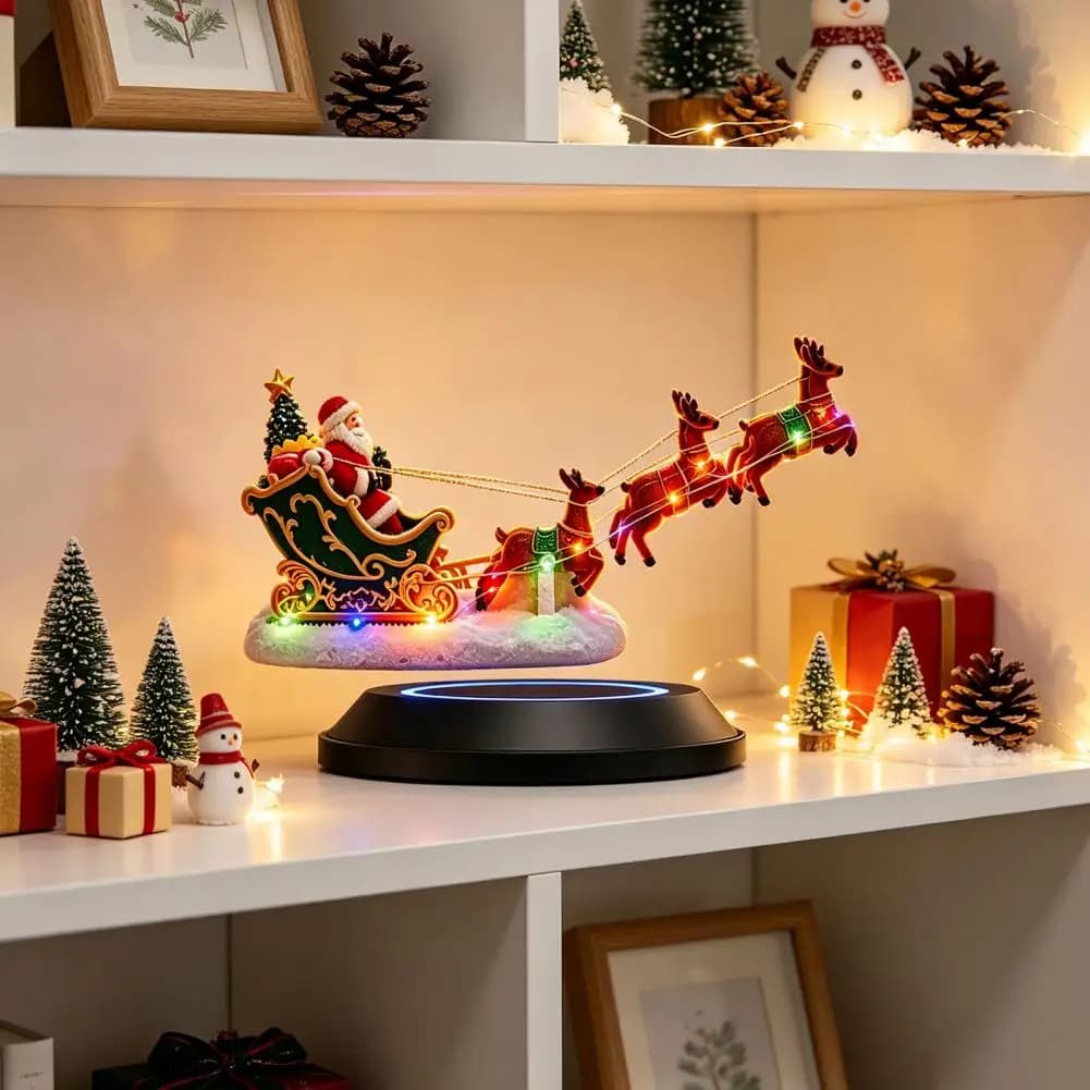 Floating Santa Sleigh Centerpiece, Magnetic Levitation Flying Sleigh Ornament, Festive Tabletop Ornament for Christmas Party