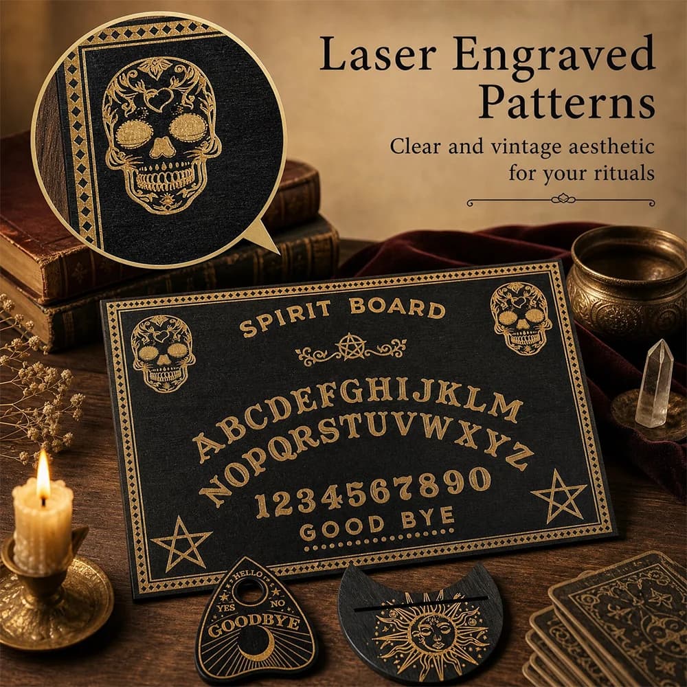 3Pcs/Set Wooden Ouija Board Decorative Boards Display Mat & Stand, Engraved Witchcraft Board for Meditation & Wiccan Altar Decor