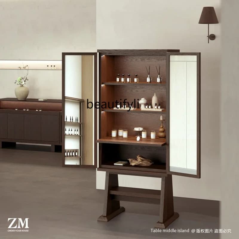 Vintage Style Essential Oil Double-Sided Mirror Display Cabinet Cosmetics Storage Cabinet Floor-Standing Shelf Organizer