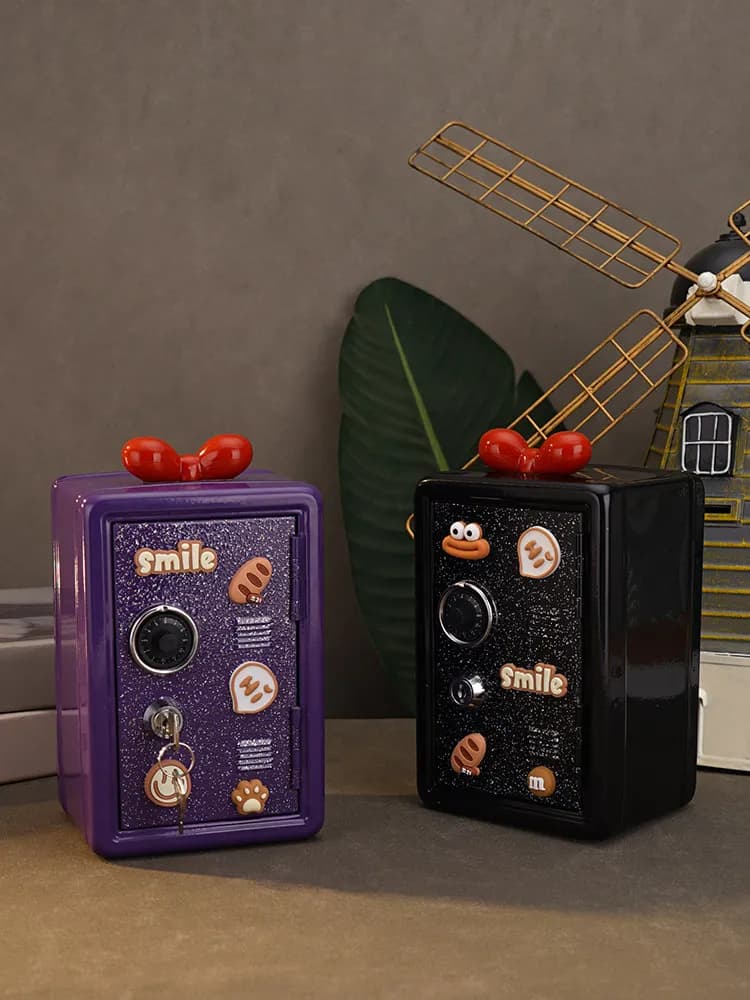 Retro-style tin piggy bank for kids – purple and black finish with secure password lock – compact savings container featuring vi