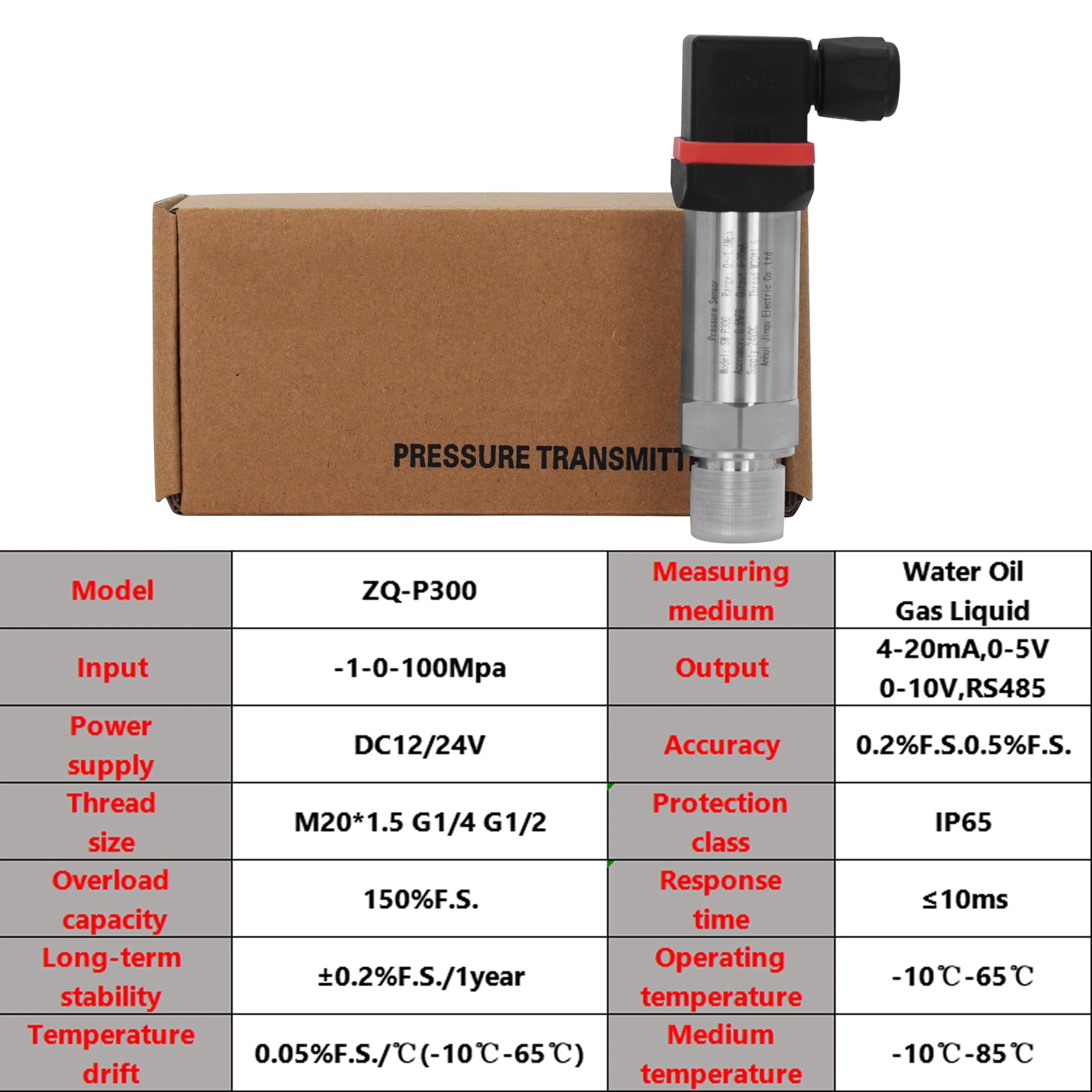 Pressure Transmitter Sensor Range -0.1-0-100Mpa 100psi 4-20ma 0-10V RS485 0-5V Output Oil Water Gas Liquid Pressure Transducer